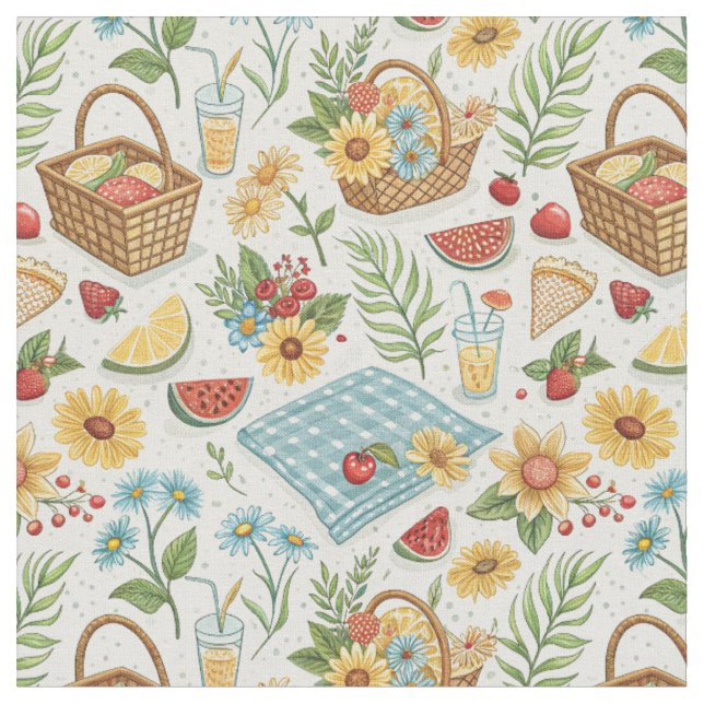 Summer Fruits & Sunflowers - Beach Picnic Pattern Fabric (Close Up)