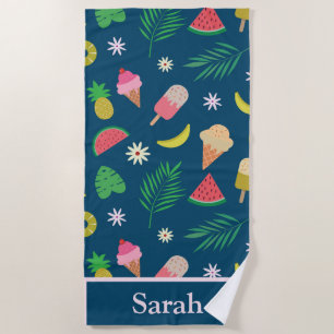 Summer Fruits, Tropical Leaves and Ice Cream Name Beach Towel