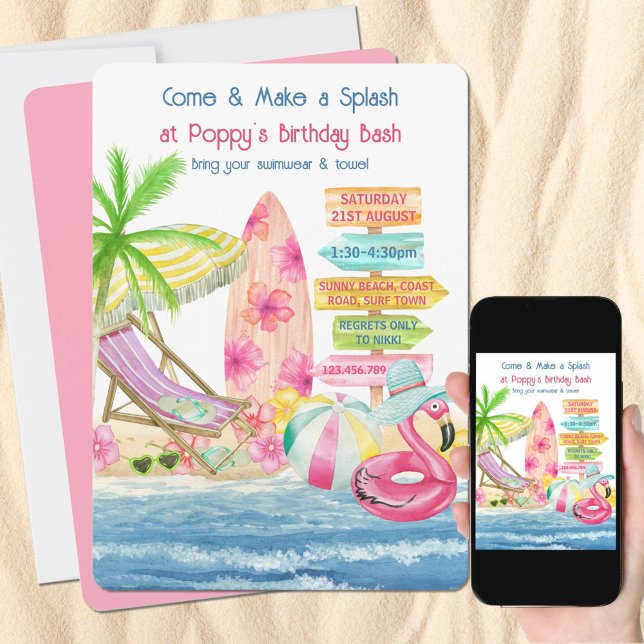 Summer Fun Beach and Surf Girls Birthday Invitation (Creator Uploaded)