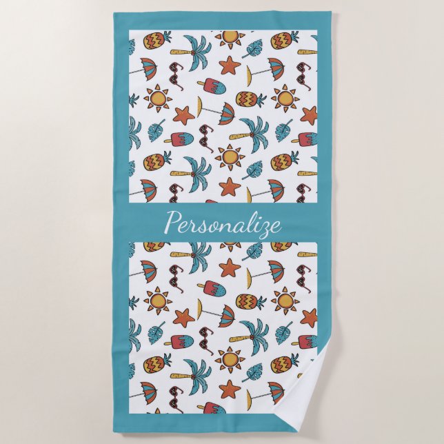 Summer Fun Beach Palm Tree Pineapple Personalised Towel (Front)