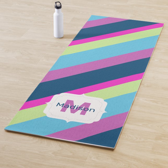 Summer fun Blue pink lime Colourful lines Monogram Yoga Mat (In Situ)