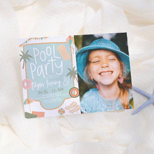 Summer Fun Cute Pool Party Girl Birthday Photo Invitation