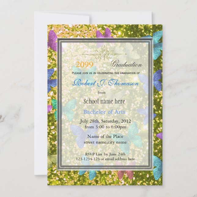 Summer fun, happy butterfly glittering graduation invitation (Front)
