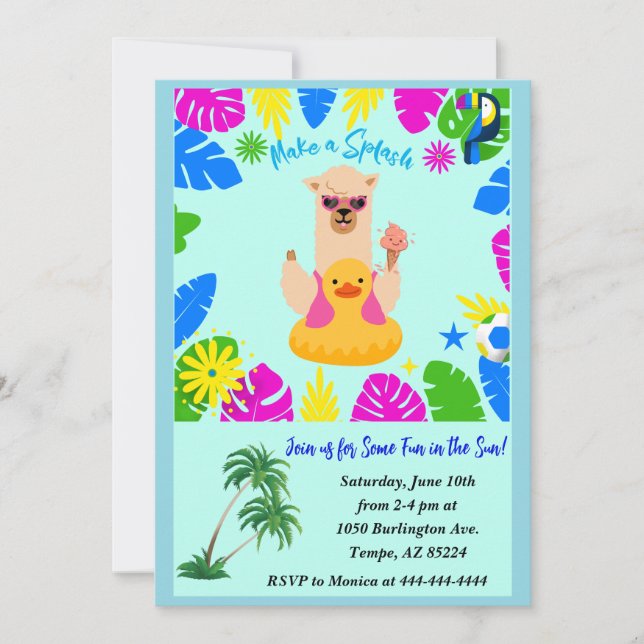 Summer Fun Llama Pool Party Personalised Invitation (Front)