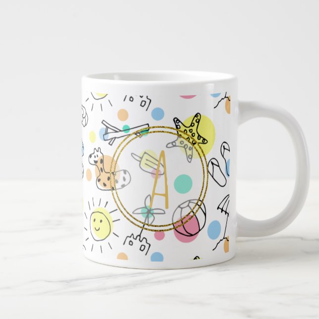 Summer Fun Monogram Beach Holiday Doodles Decor Large Coffee Mug (Right)
