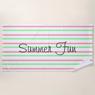 Summer Fun Pink Green White Stripes Beach Towel