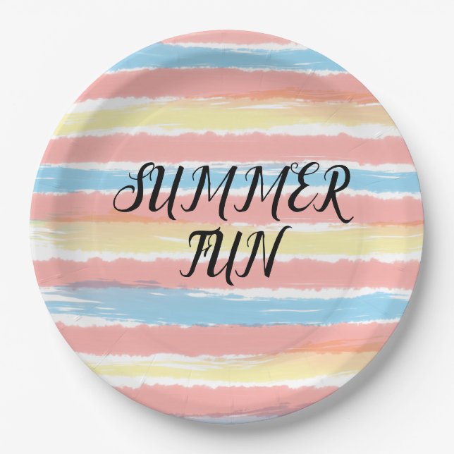 Summer Fun Pink Yellow Blue Watercolor Paper Plate (Front)