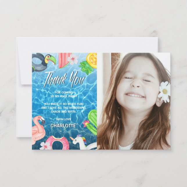 Summer Fun Pool Birthday Party Photo Thank You Card (Front)