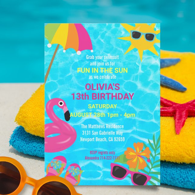 Summer Fun Pool Party Birthday Invitation (This colorful pool party invitation is perfect for a kid's, teen's or adult's birthday celebration!)