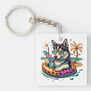 Summer Fun with Cute Cool Husky Dog in Pool Key Ring