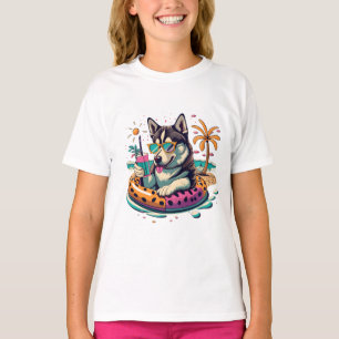 Summer Fun with Cute Cool Husky Dog in Pool T-Shirt