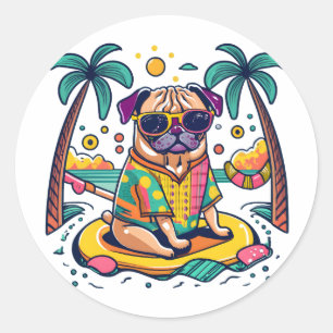 Summer Fun with Cute Pug Dog in Pool Classic Round Sticker