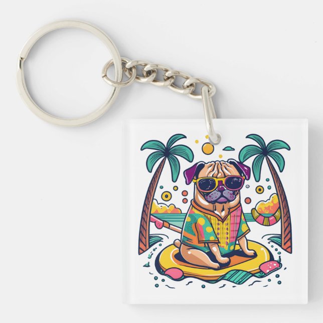 Summer Fun with Cute Pug Dog in Pool Key Ring (Front)