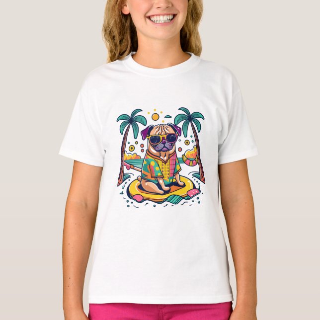 Summer Fun with Cute Pug Dog in Pool T-Shirt (Front)