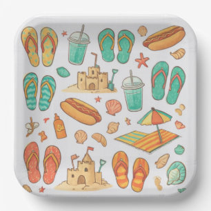 Summer Fun with Hot Dogs and Flip Flops Square Paper Plate