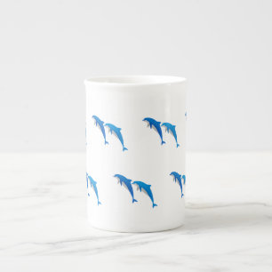 SUMMER, FUNNY GRAY AND BLUE DOLPHINS BONE CHINA MUG