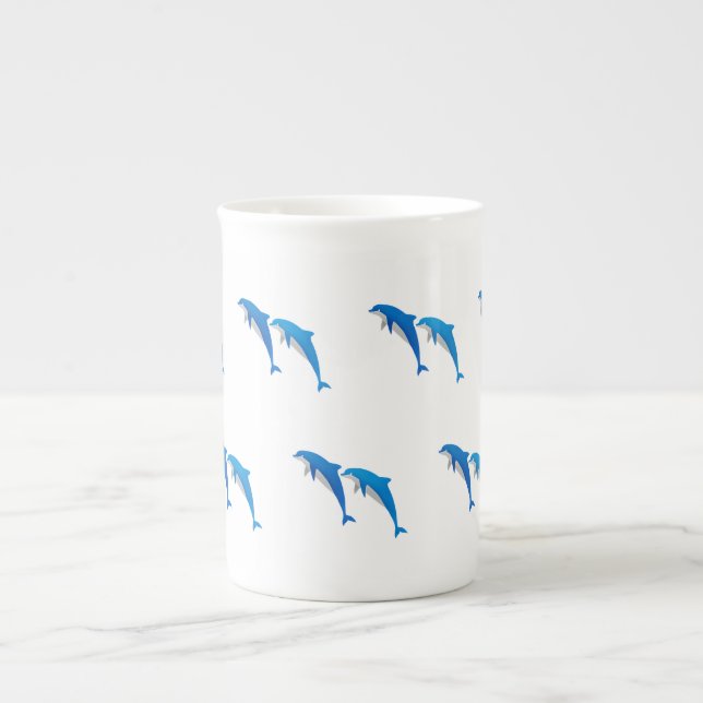 SUMMER, FUNNY GRAY AND BLUE DOLPHINS BONE CHINA MUG (Front)