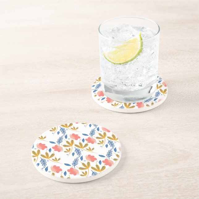 Summer Garden Blue Yellow Coral Florals  Coaster (Side)
