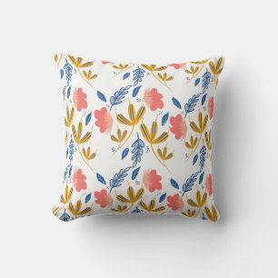 Summer Garden Blue Yellow Coral Florals Hand Drawn Cushion