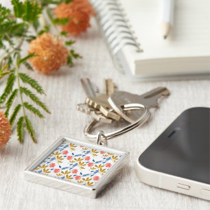 Summer Garden Blue Yellow Coral Florals Key Ring