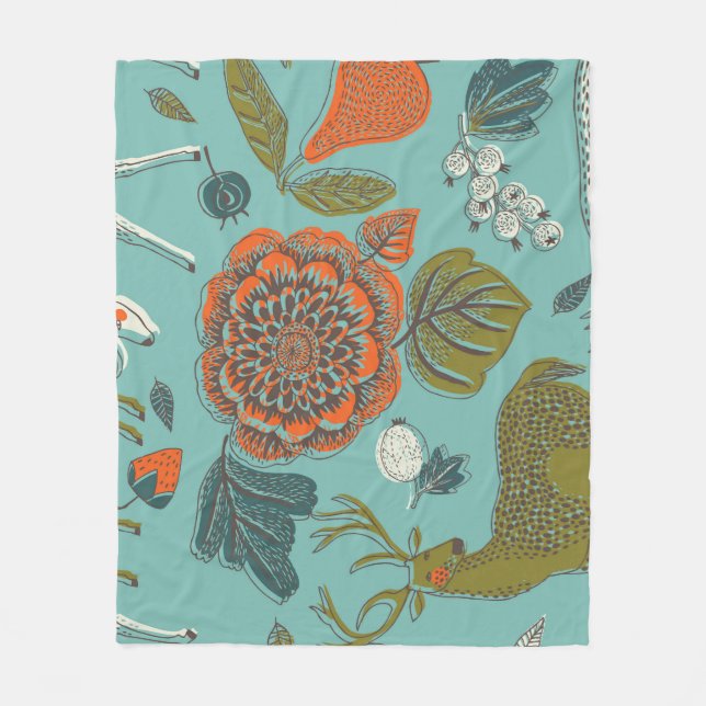 Summer Garden Deer Seamless Illustration. Fleece Blanket (Front)
