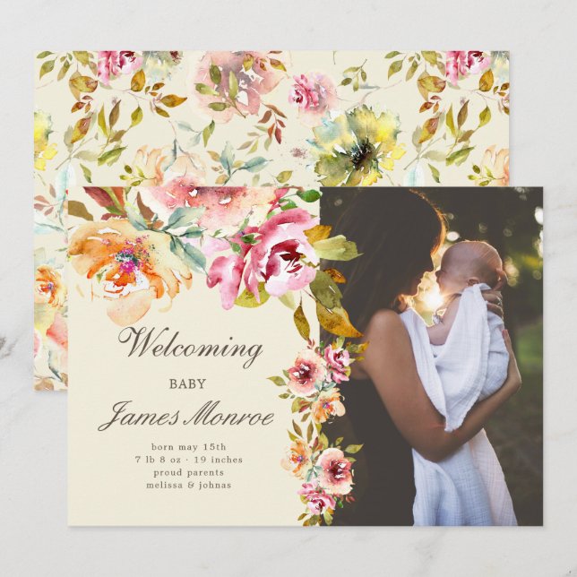 summer garden floral birth announcement Photo card (Front/Back)