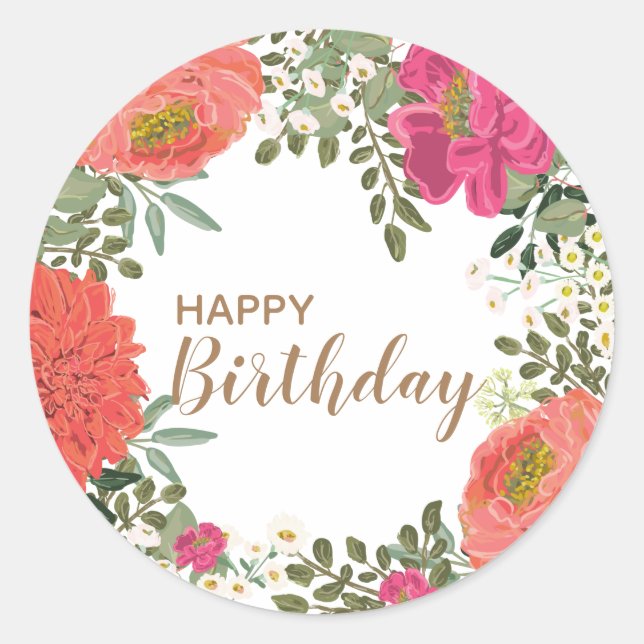 Summer Garden Floral Joy Happy Birthday Classic Round Sticker (Front)
