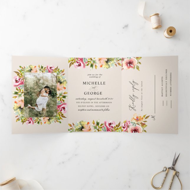 Summer Garden Floral Tri-Fold Wedding Invitation  (Inside)