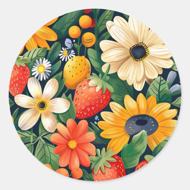 Summer Garden Flowers Strawberry Pattern Classic Round Sticker (Front)