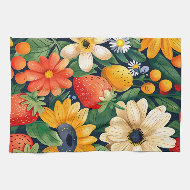 Summer Garden Flowers Strawberry Pattern Tea Towel (Horizontal)
