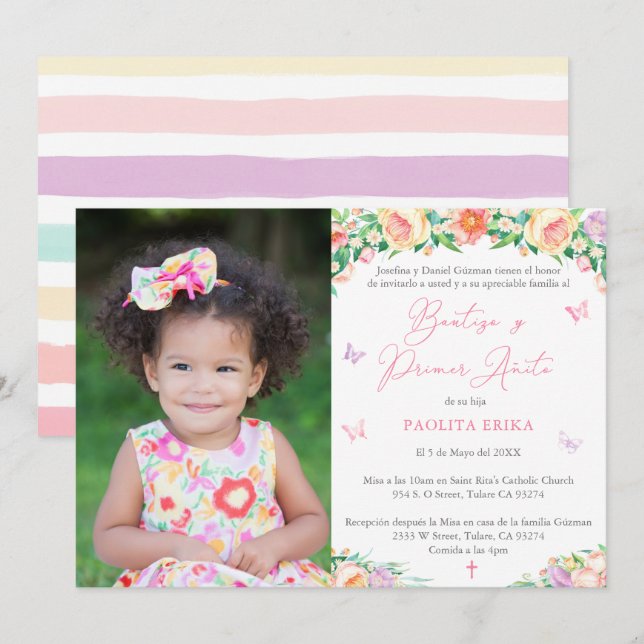 Summer Garden Latina Bautizo 1st Birthday Baptism Invitation (Front/Back)