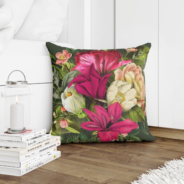Summer garden magenta pink cream and green flowers cushion (Creator Uploaded)