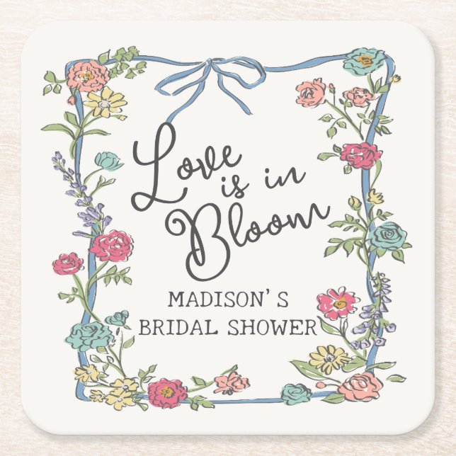 Summer Garden Party Bright Floral Bridal Shower Square Paper Coaster (Front)