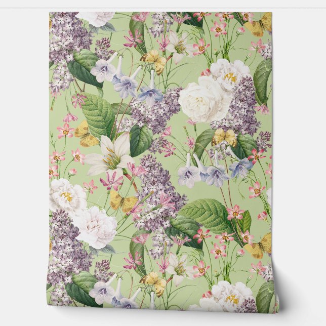 Summer Garden - Vintage Redouté Cottage Flowers Wallpaper (Unrolling)