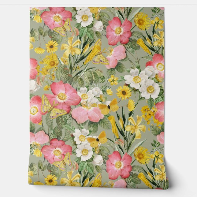 Summer Garden - Vintage Redouté Cottage Roses 4 Wallpaper (Unrolling)
