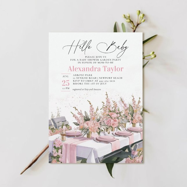 Summer Garden Watercolor Elegant Baby Girl Shower Invitation (garden party baby shower invitation summer watercolor painted pink girl modern elegant classy chic)