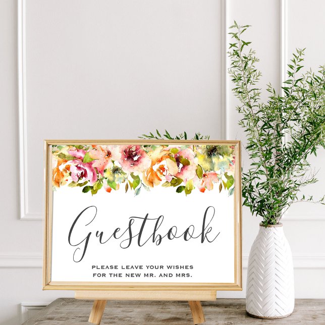 Summer Garden Watercolor Floral Wedding Poster (Summer Garden Floral Guestbook Sign Wedding Poster)