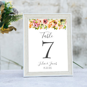 Summer Garden Watercolor Floral Wedding Table Numb Table Number