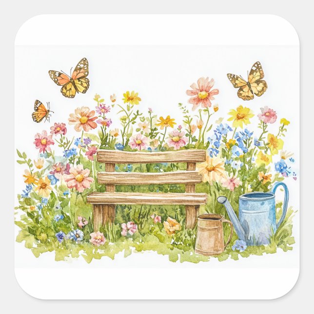 Summer Garden with Butterflies Square Sticker (Front)