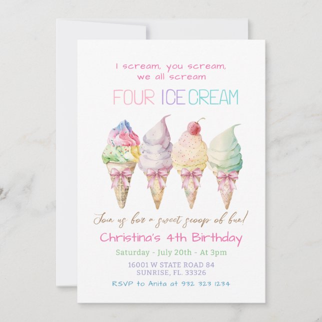 Summer Girl Ice Cream 4th Birthday Invitation (Front)