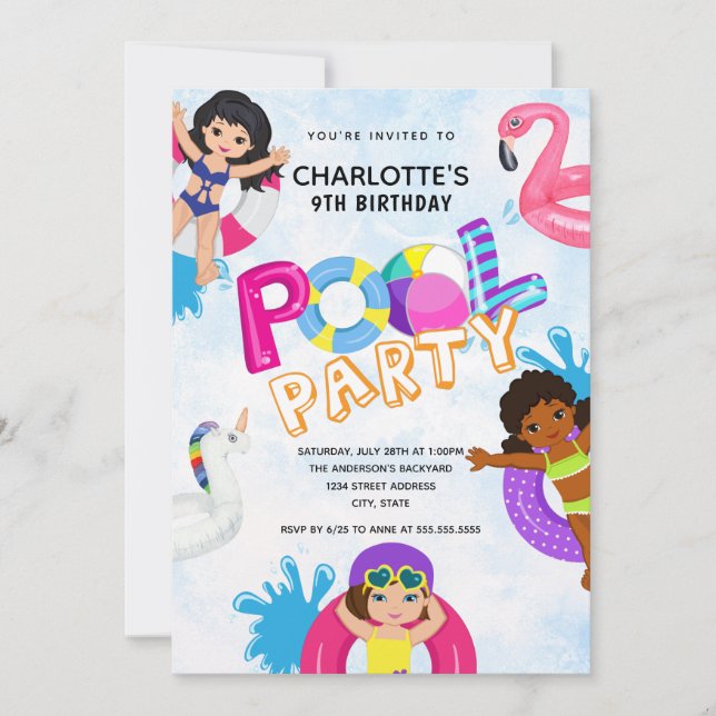 Summer Girls 9th Birthday Pool Party Invitation (Front)