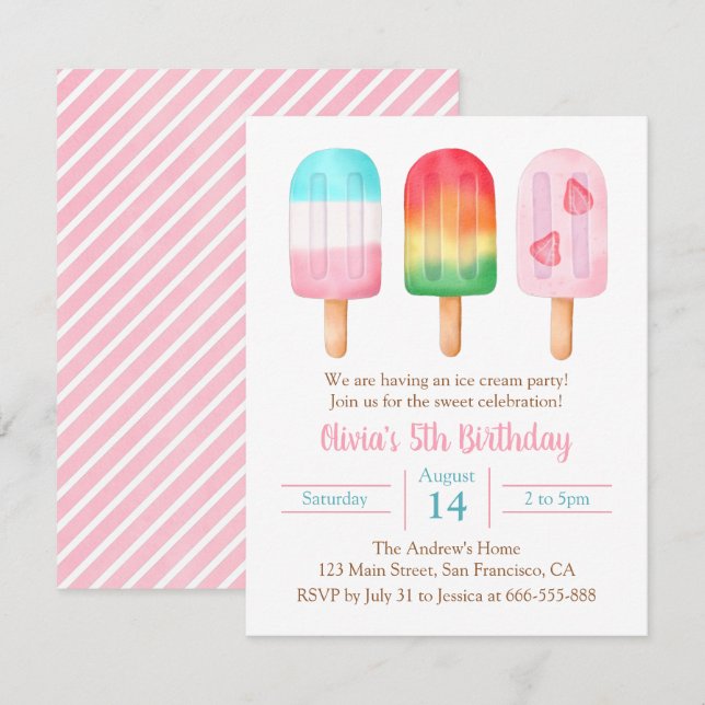 Summer Girls Birthday, Sweet Ice Cream Party Invitation (Front/Back)