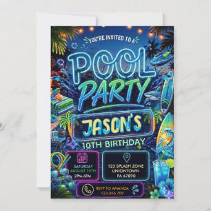 Summer Glow Neon Pool Party Boy Birthday Invitation