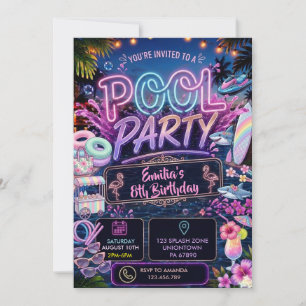 Summer Glow Neon Pool Party Girl Birthday Invitation