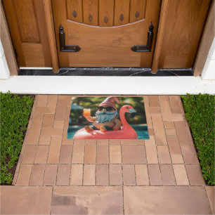 Summer Gnome in Sunglasses on Flamingo Float Doormat