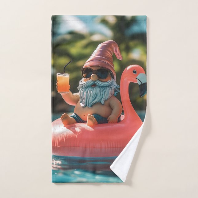 Summer Gnome in Sunglasses on Flamingo Float Hand Towel (Hand Towel)