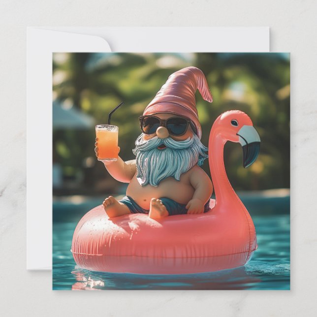 Summer Gnome in Sunglasses on Flamingo Float Holiday Card (Front)