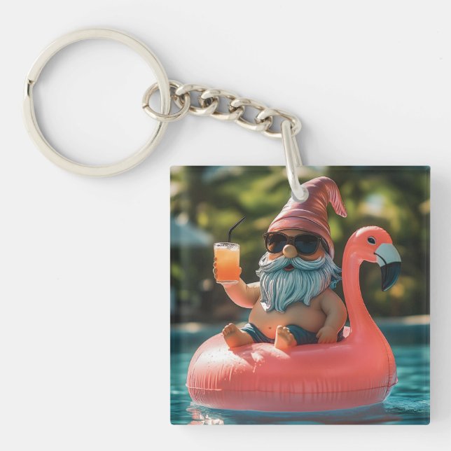 Summer Gnome in Sunglasses on Flamingo Float Key Ring (Front)