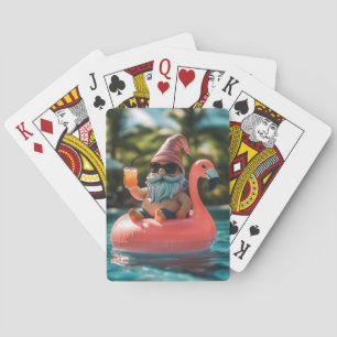 Summer Gnome in Sunglasses on Flamingo Float Playing Cards