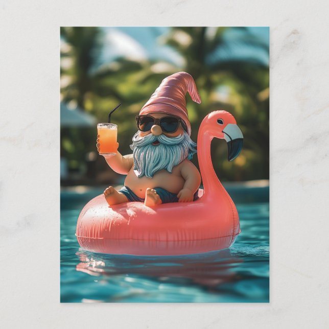 Summer Gnome in Sunglasses on Flamingo Float Postcard (Front)